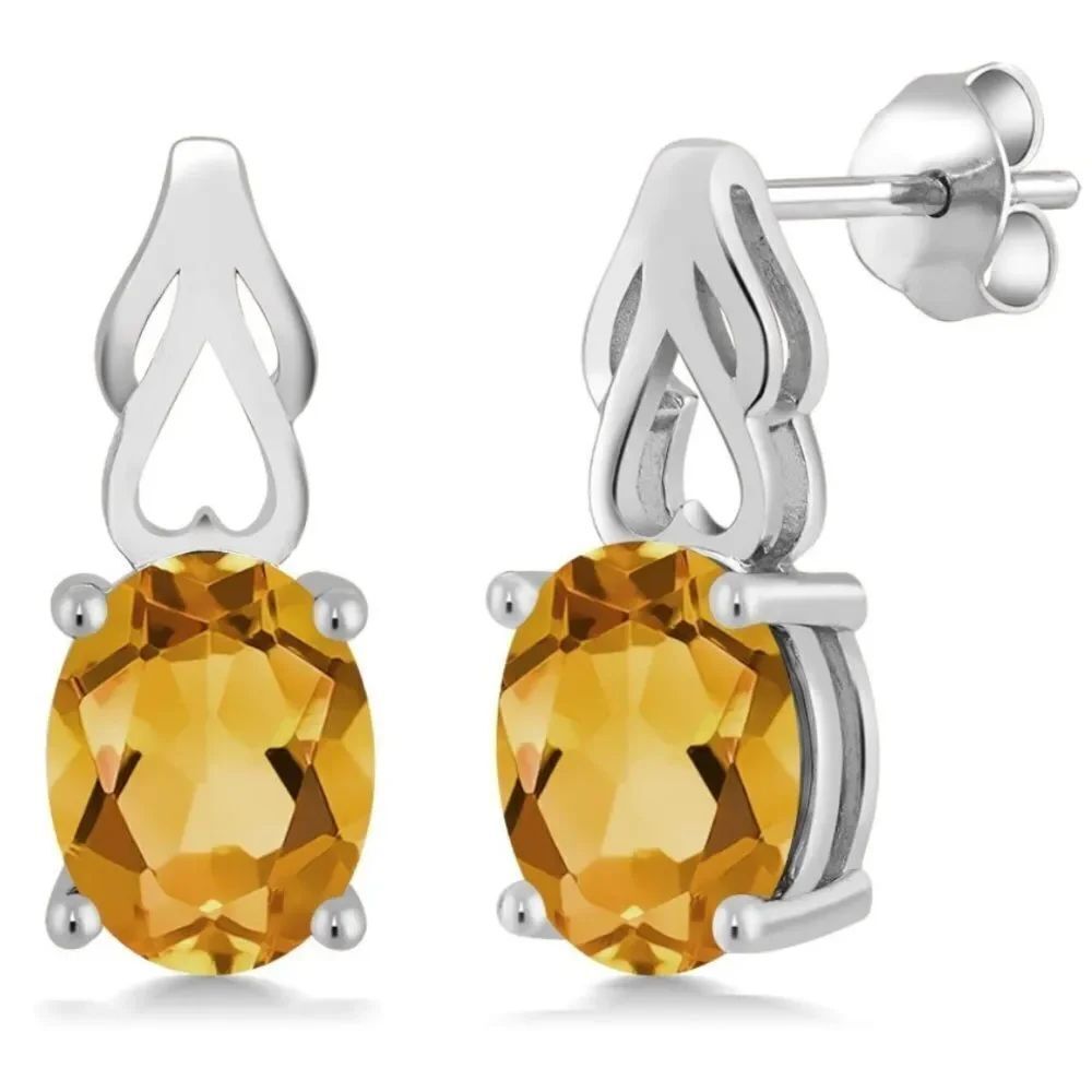 925 Sterling Silver with 3.00 Cttw Madeira Citrine Oval Post Back Drop Earrings